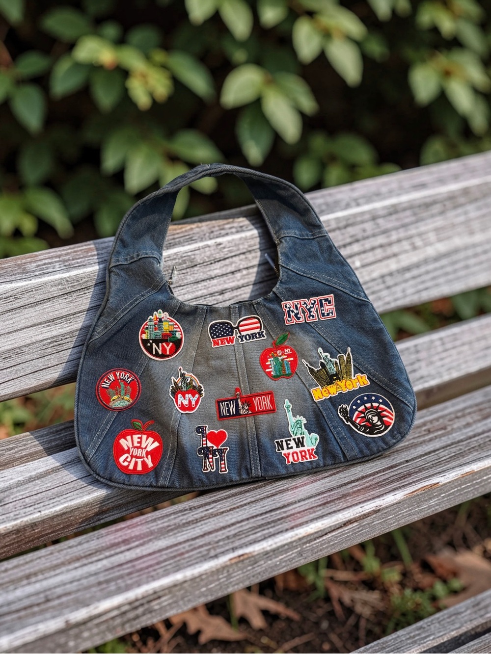 Dark Blue Denim Shoulder Bag with New York Patch Accents